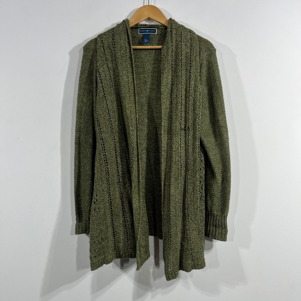 KarenScott Y2K Olive Green Open Front Folk Granola Knit Cardigan Sweater Large